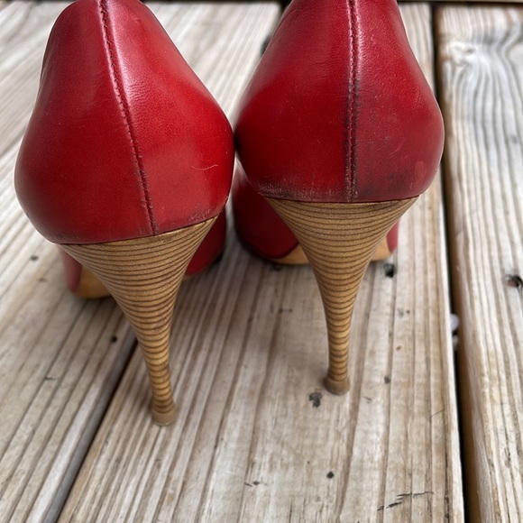 ❤️ 👀 Giuseppe Zanotti Red Leather Peep Toe Wooden Heels Size EU 39.5 - Picture 7 of 13